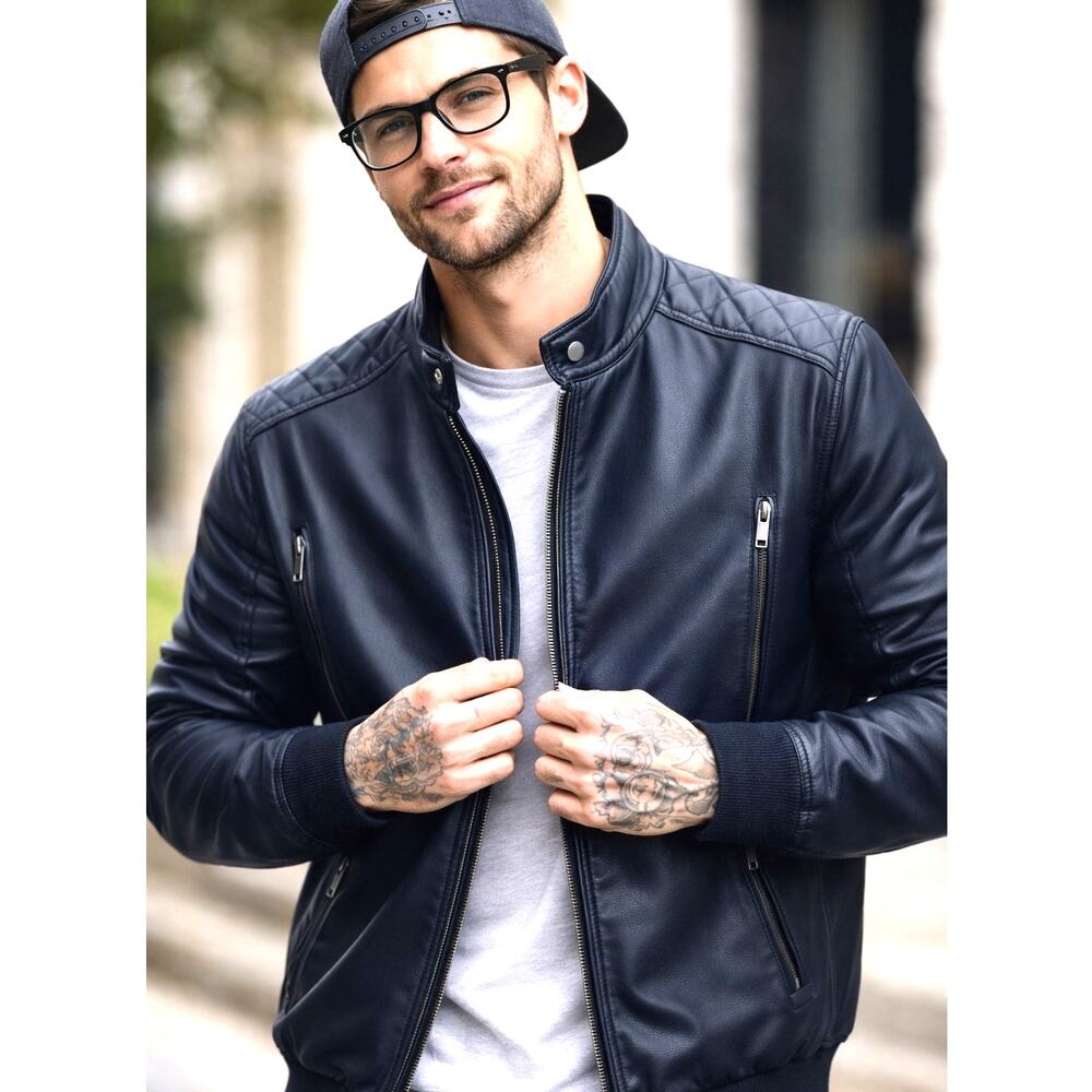 American Breed Faux Leather Bomber Jacket XL Black Blue Sherpa Lined Moto
